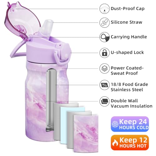 Image of BJPKPK 14 oz Insulated Water Bottle, Straw, Handle, Stainless Steel Flask | Leak Proof Locking Lid, Double Wall Vacuum, Keeps Hot /Cold, BPA Free, Travel & Sports, Dawn