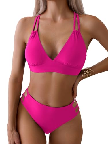 Image of Fanuerg Women's Sexy V Neck Bikini Sets Hollow Out Two Piece Swimsuits Cutout Mid Waist Bathing Suit
