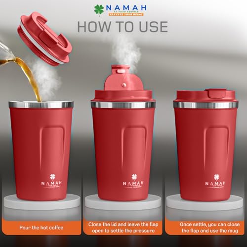 Image of Namah Insulated Coffee Travel Mug 380 ml with Lid, Leak Proof Stainless Steel Thermosteel Vacuum Insulated Mug, Hot & Cold Reusable Coffee Mug for Office, Car Cup Holder Friendly