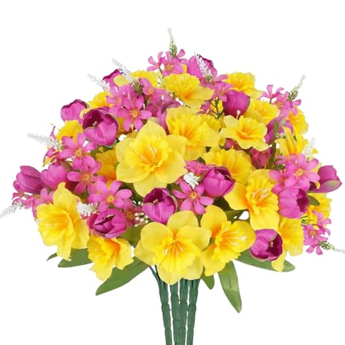 Zytherm 4 Bundles Artificial Flowers for Cemetery Daffodils Bouquets Yellow Silk Floral Arrangements Fake Tulip Mothers Day Flowers for Grave Home Table Centerpieces Vase Wedding Party Outdoor Decor