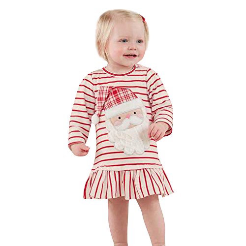 Preisvergleich Produktbild WEXCV Weihnachten Kleid, Baby Kinder Mädchen Langarm Niedlich Süß Prinzessin Kleid Weihnachtsmann Drucken Gestreifte Gefaltete Kante Kleid Beiläufig Kleid Weihnachts Kleidung