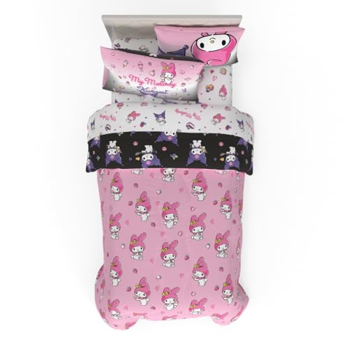 Image of Franco Sanrio Kuromi & My Melody Bedding 5 Piece Super Soft Cozy Reversible Comforter and Sheet Set with Sham, Twin, (Officially Licensed Product) (Pack of 4)