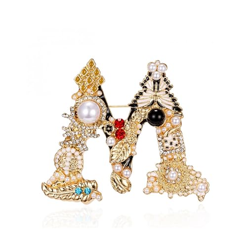 RINHOO Crystal Pearl Initial Brooch Gold Plated Enamel Colorful Letter Alphabet Breastpin Pin Jewelry for GIFTS (Letter -M)