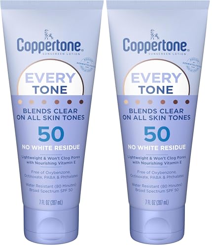 Image of Coppertone Every Tone Sunscreen Lotion SPF 50, Lightweight, Rubs on Clear Sunscreen for All Skin Tones, Formulated with Nourishing Vitamin E, 7 Fl Oz Tube (Pack of 2)