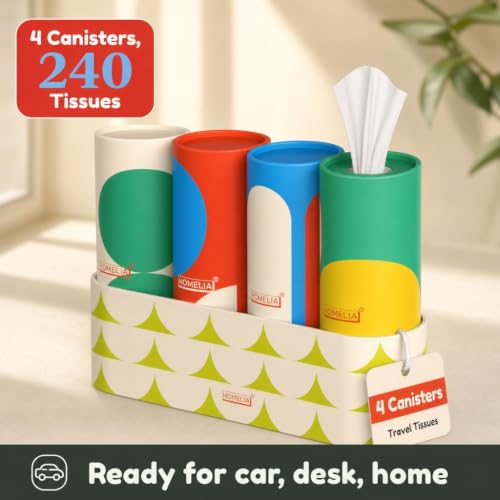 Image of Car Tissue Holder with 4 Facial Tissue Canisters | Car Organization - Car Interior Accessories - Cup Holder Tissue Cylinder - Replacement for Kleenex Tubes - Total 240 Tissues