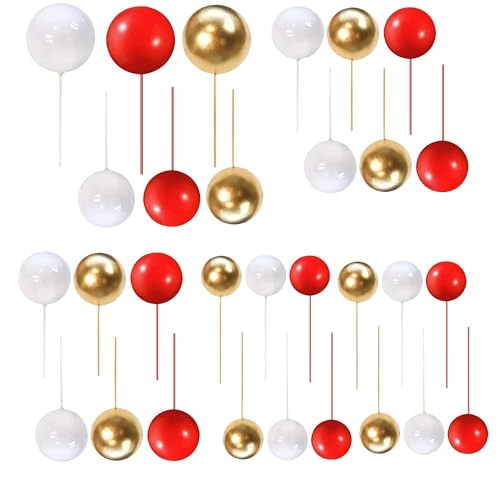 Mini Balloon Cake Toppers Set of 30 PCS for Birthday and Wedding Cakes, DIY Foam Ball Cake Decorations with Assorted Sizes, Lightweight and Non-Toxic, Red Gold White - Orevan