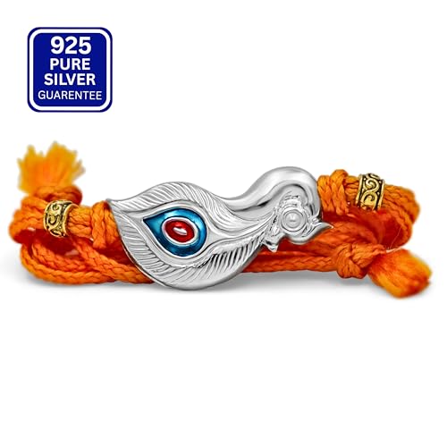 Image of 925 Sterling Silver Rakhi with Peacock Design for Brother, Handmade Orange Thread Rakhi for Raksha Bandhan Gift