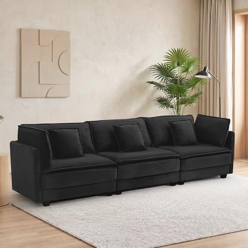 Image of Corduroy Sectional Couch, 3 Seater 113 inch Cloud Couch, Modular Deep Seat Sofa with Pillows for Living Room, Apartment, Black
