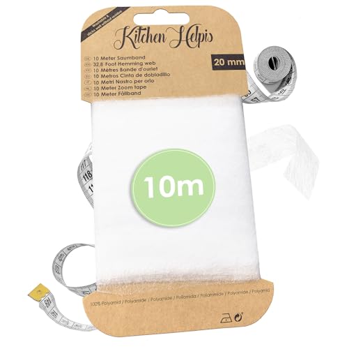 Kitchen Helpis® Cinta para dobladillo de 10 m, Cortinas sin costuras y acortamiento de pantalones, Cinta para planchar, Cinta para coser de 10 mx 20 mm, Adhesivo para tela, Cinta para bordes