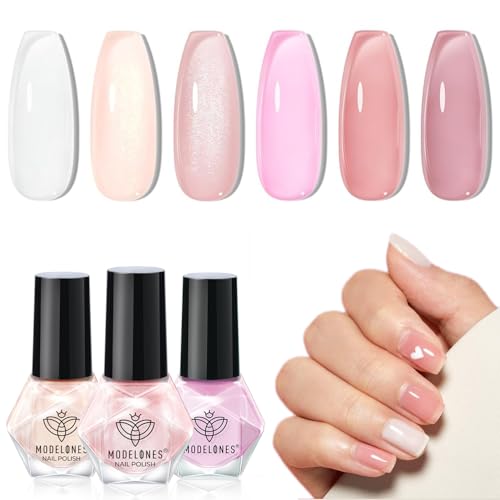 Image of modelones Jelly Nail Polish Set 6 Colors, Milky White Pink Sheer Nude Quick Dry Mini Nail Lacquer Kit, Translucent Clear Transparent Peach Shimmer Manicure DIY Nail Art Spring Gift for Women Girls