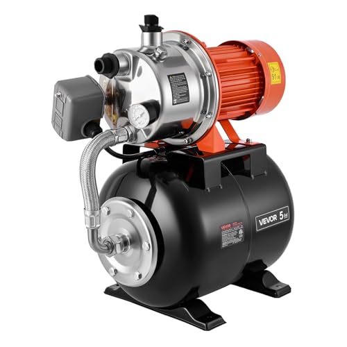 VEVOR 1.6 HP Shallow Well Pump with Pressure Tank 120V 1320 GPH Stainless Steel Irrigation Jet Pump with 5-Gal Tank Automatic Water Booster System 20/40 PSI Pressure Switch for Home Garden Lawn