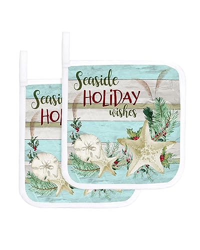 Coastal Christmas Pot Holders for Kitchen Heat Insulation, Seaside Holiday Wishes Xmas Beach Starfish Potholders Hot Pads with Hanging Loop, Washable Oven Mitts Pot Holder Trivet for Cooking 2 Pack