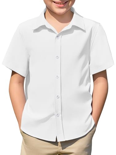 Haloumoning Jungen Hemd Sommer Kurzarm Shirt Kinder Einfarbig Freizeit Hemden Casual Basic Knopfleiste Oberteile Bügelleicht 5-14 Jahre, Weiß, 11-12 Jahre
