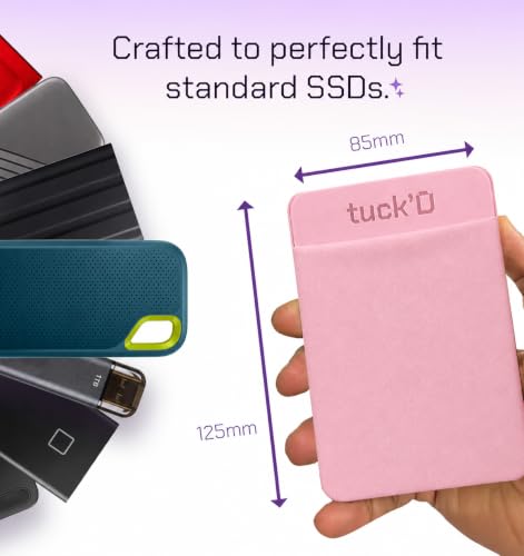 Image of Tuck'd Portable SSD Hard Drive Sleeve - Reusable Adhesive Laptop Mount - Stick-On External Storage Holder for MacBook & Tablets - Travel Pocket Pouch for SSD, Cables & Accessories (Pink)