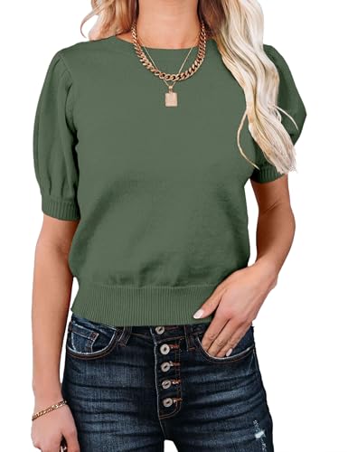 Image of Womens Puff Short Sleeve Sweater Tops Crewneck Basic Knit Pullover Lightweight Casual Sweaters