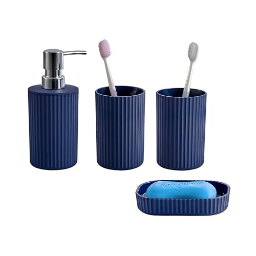 Novel Solutions Premium 4-Piece Bathroom Accessories Set – Matt Grey Rubber-Coated Soap Dispenser, Soap Dish, 2 Tumbler Cups & Toothbrush Holder – Modern Vanity Organiser Kit (Blue Finish)