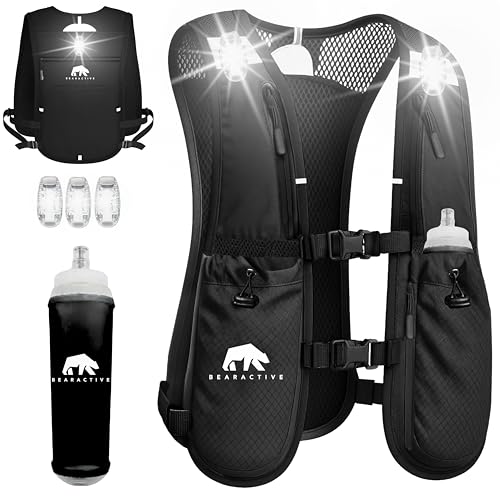 Bearactive Running Reflective Hydration Vest with 3 LED Lights, 500ml Water Bottle – Lightweight, Battery / Rechargeable Visibility Vest for Men & Women (Black Vest Battery LED, One Size)