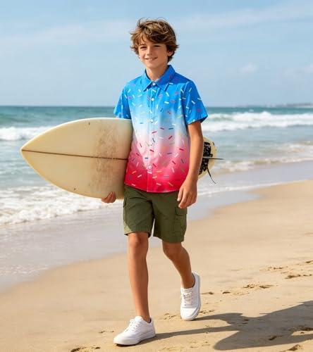 Image of uideazone Boys Hawaiian Shirts Novelty Printed Funky Short Sleeve Button Down Shirt Kids Aloha Luau Shirt 7-14T