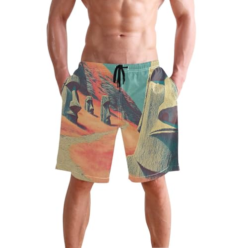 Men's Swim Trunks Easter Island Statue Print, Quick Dry Beach Board Shorts with Lining-S
