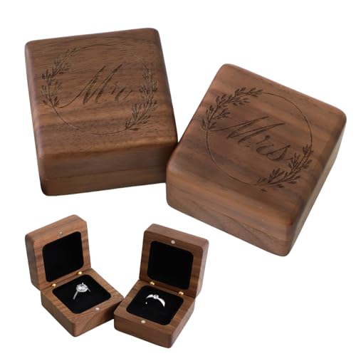 muso wood Ringbox Holz Graviert Mr. und Mrs. Ringschatulle für Verlobung Hochzeit Massives Walnussholz Ringschachtel Ringkästchen 6 * 6 * 4.2cm Ring Box Schwarzer Samt Interieur Ring schatulle