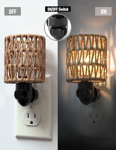 Image of Boho Plug in Night Light with Switch, 2-Pack Farmhouse LED Night Lights Plug into Wall Socket, 0.5W Baby Nursery Nightlight with Bohemian Rattan Lamp Shade for Adult Kids Room Bathroom Hallway