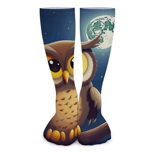 GHBNK Weiche, dicke Socken, Crew-Socken, Sportsocken, bunt, Boho, Blumenmuster, Winter, warme Strümpfe für Damen und Herren, Eule und gelber Mond, 15-15.5