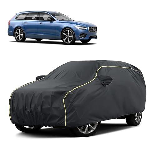 Image of Sulfar 100% Water Resistant Car Body Cover Compatible with Mirror for Volvo V90 (Triple Stitched, Full Bottom Elastic, Dark Grey Taffeta with Yellow Piping)