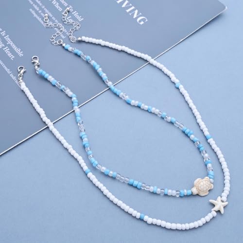 Sttiafay Colar gargantilha de estrela-do-mar de tartaruga boho, colar de contas de sementes, gargant