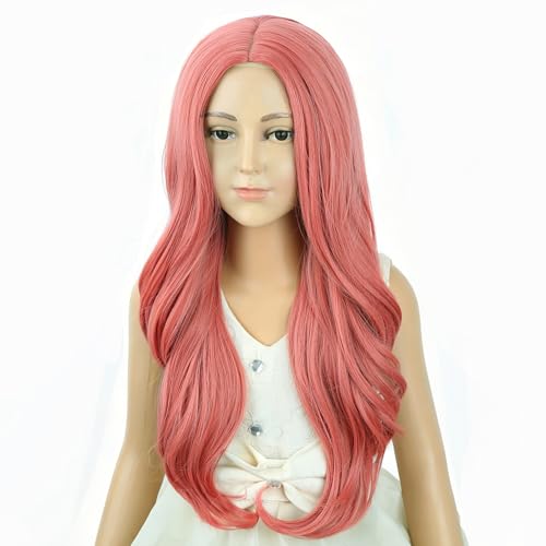 Image of Light Pink Wig Long Pink Middle Part Wig Long Wavy Curly Wigs Heat Resistant Synthetic Wigs for Daily Party Use