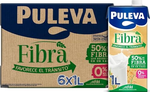 Puleva - Leche Puleva con Fibra de Achicoria y Avena, Bebida Láctea, Favorece el Tránsito Intestinal y Digestión, Calcio y Vitaminas, 50% Fibra Diaria por Vaso, Pack 6 x 1 Litro