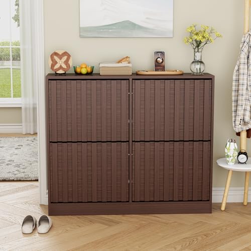 UEV Armoire à Chaussures avec 4 Abattants, 100 x 24 x 86,5cm, Marron