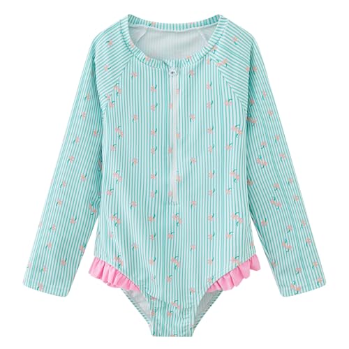 Girls Rash Guard Shirts Long Sleeve Swimsuits One Piece Ruffle Bathing Suit Sun Protection Swimwear with Zipper