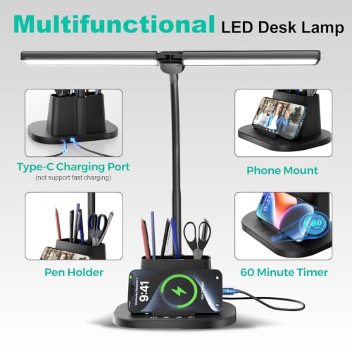Image of Desk Lamp with USB-C Charging Port and Organizer Base, LED Desk Light with Pen Holder, Phone Stand, 25 Lighting Modes, Flexible Gooseneck Touch Lamp for Home Office, Study Desk, College Dorm Room
