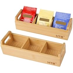 HTB Small Bamboo Tea Bag Holder Pack of 2 with 3 Compartments | Tea Organizer for Beverage Suppliers, Sweeteners, Individual Packets, Portable Tea Bag Organizer for Kitchen Counter,Office