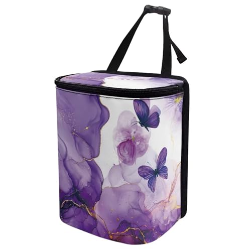 Image of Talayituse Purple Marble Butterfly Print Car Trash Can with Lid, Leak Proof Auto Trash Bag Hanging Vehicle Garbage Can Multipurpose Storage Container for Back Seat Road Trip