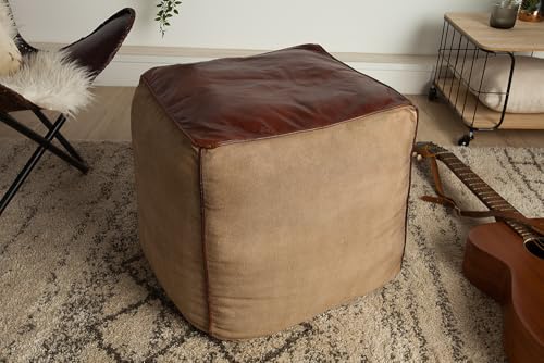 invicta INTERIOR Retro Sitzpouf Mustang 53cm Lederbezug mit Leinen Sitzwürfel Pouf Sitzhocker