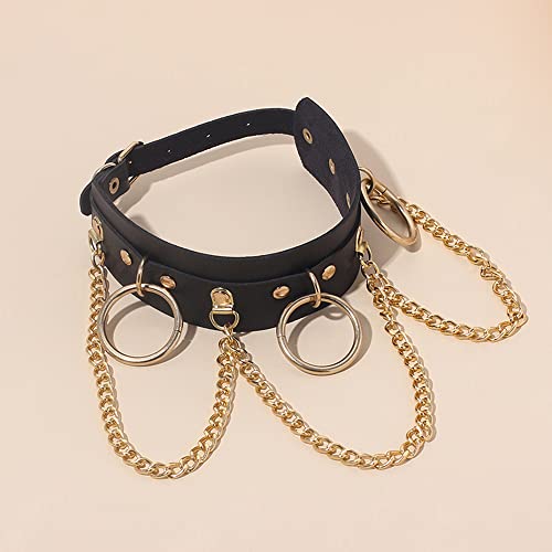 Yijunmca PU Leder Halskette O-Ring Damen Choker Punk Style Leather Halsband Nieten Collar Cosplayer Halsreif Verstellbarer Kragen Kette für Frauen Halloween Party Zubehör, Gold