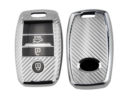 Image of JVCV Soft TPU Carbon Fiber Style Car Key Cover Compatible with Kia Seltos Sonet Carens 3 Button Push Start Car Key (Silver)