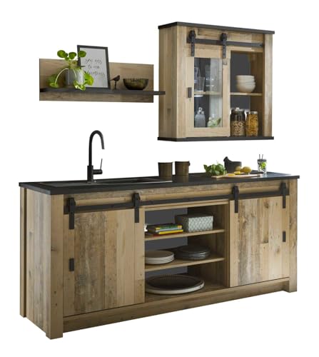 Küchenzeile Used Wood hell und anthrazit/grau Set 3-teilig Küchenmöbel Landhaus mit Hängeschrank, Unterschrank für Kochfeld oder Spüle, Regal, mit Scheunentorbeschlag Stove (Set1 3-teilig ohne LED)
