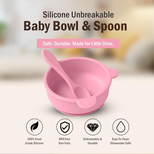 Image of Silicone Baby Feeding Bowl and Spoon Set for Babies with Suction Base, BPA-Free, Non-Slip, Safe for Infants and Toddlers Mealtime (Pink)