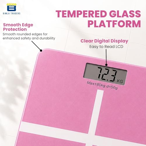 Image of Btag Premium Digital Body Weight Scale | 26x26 cm Wide Platform | Clear LCD Display | Anti-Skid Base | 180 kg Capacity Cross Design (Pink)