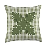 Hawaiian Green Palaka with 'Ulu Quilt Square Throw Pillow