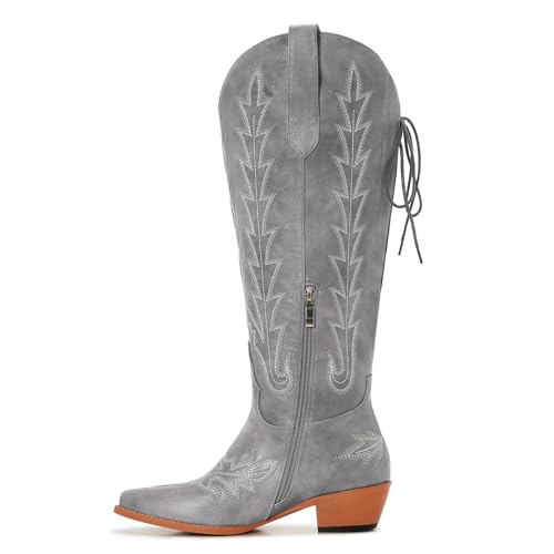 Image of Uillnoodu Wide Calf Cowboy Boots Women Knee High Tall Western Cowgirl Boots Adjustable Lace Up Plus Size Comfortable 2-Inch Heel