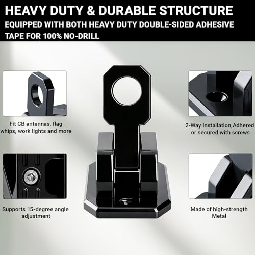 Image of CB Antenna Mount, 2-Way Installation Universal Heavy Duty No-Drill CB Antenna & Flag Whip Mount Bracket Kit, Adhesive Tape & Screw Mount for Trucks, RV, Off-Road Vehicles, Boat, Motorcycle (Black)