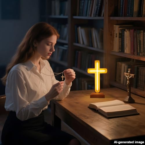 Image of Handcrafted Wooden Cross Lamp, USB Warm Light for Bedside | Neon Sign for Prayer Spaces, Christmas, Weddings, Baptism, Memorials - Spiritual Home Decor Gift