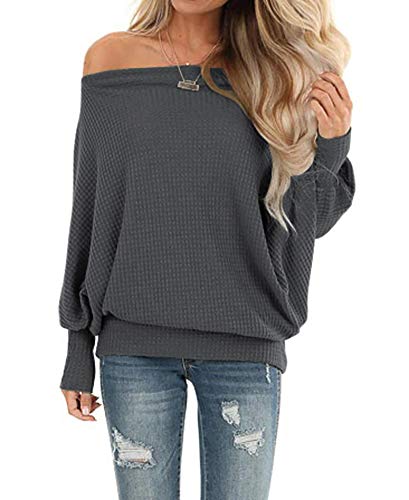 LACOZY Womens Off Shoulder Waffle Knit Sweaters Oversized Long Sleeve Shirts Tunic Tops Pullover Plus Size Deep Gray Medium