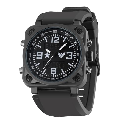 GREENTREEN Herrenuhr im Taktischen Stil Schwarz: Doppeldisplay Digital + Analog mit Alarm - Ideal für Outdoors Wandern