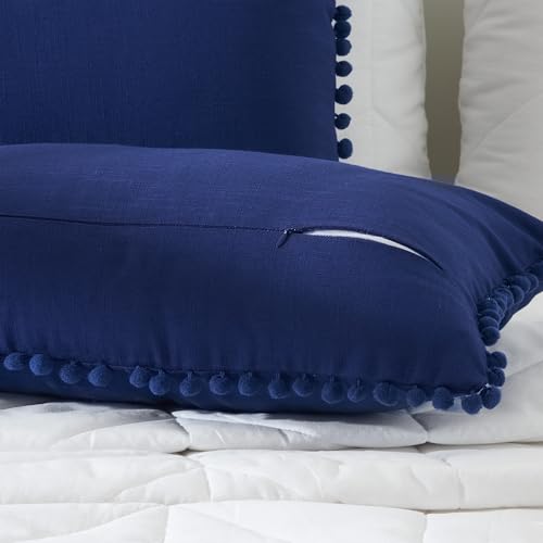 Image of 100% Cotton Pom Pom Cushion Without Filler, Elegant & Modern Cushion Cover for Living Room, Rectangle, 12 inchx20 inch, uni slub, Set of 3 - Navy