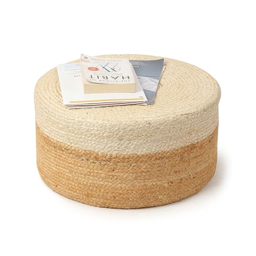 Image of Habere India-All the Cultures Fabricating India Ottomans for Living Room | pouffe Stool | Ottoman Stool | Jute pouffes for Sitting - White, Round (S: Dia45xH30 cm)
