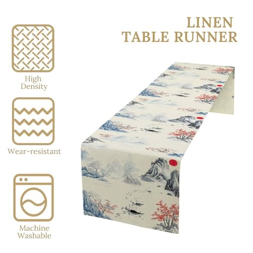 Image of Chinese Ink Mountain Table Runner,Zen Style Oriental Art Linen Table Decor with Blue Landscape & Red Trees for Buffet, Wedding Reception, Home Decor, Durable & Washable 13x90 Inch